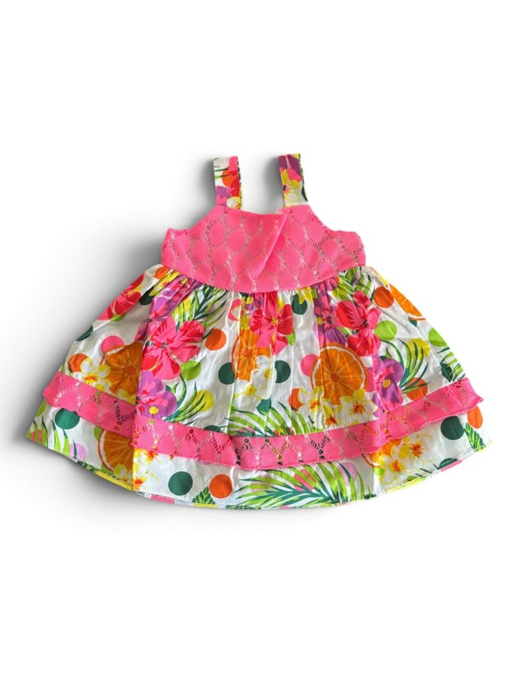 NWT Youngland Girls Tropical Floral Sundress Pink Lace Trim Colorful Dress